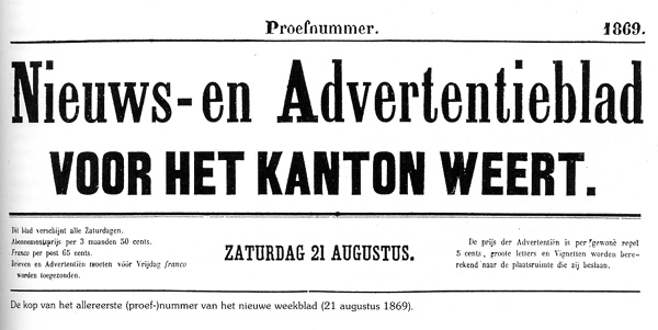 Proefnummer van ’Het Kanton Weert’, uit 1869.