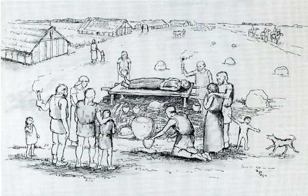 "Artist’s impression" van de Romeinse begraafplaats aan de Wessemerdijk, op basis van de resultaten van de opgraving (tekening: Inge Sips).