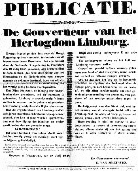 Bekendmaking van de gouverneur van Limburg uit 1848.