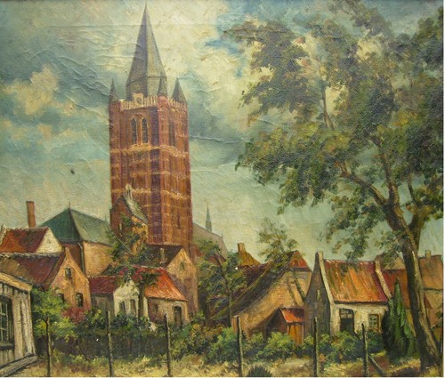 schilderij van de kerk, geschilderd vanaf de Houtmolen